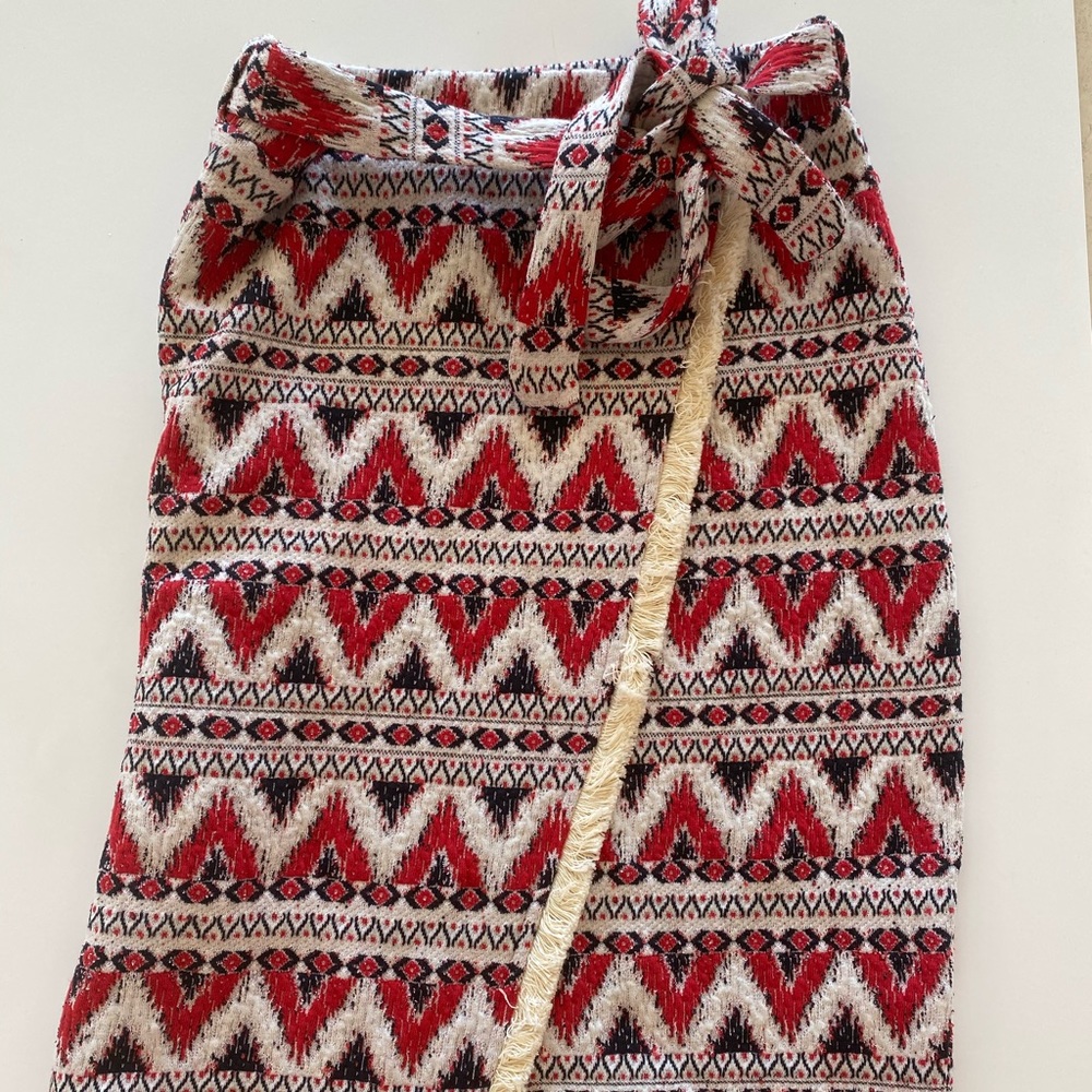 H&M Tribal Pattern Faux Wrap Red Pencil Skirt